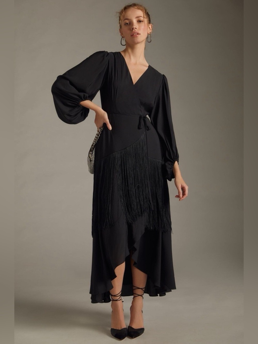 Anthropologie Hutch Black Fringe Wrap Dress Size Medium